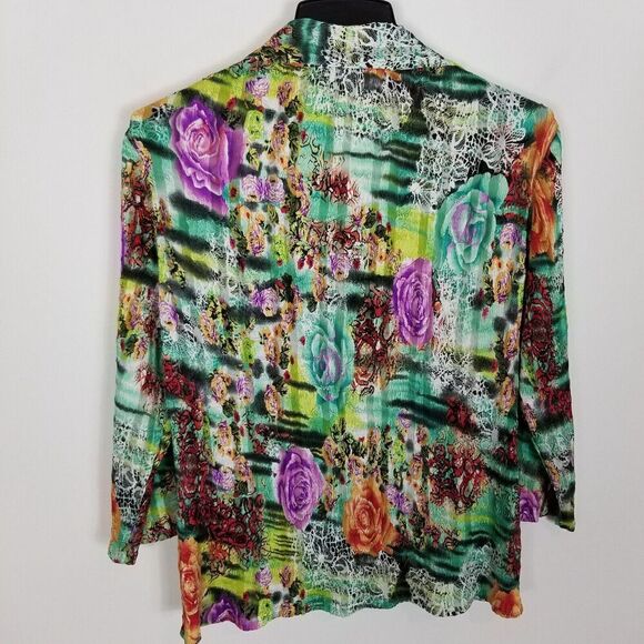 Alberto Makali Women Floral Artsy Blouse Top Sz L Button Up Long Sleeve Stretchy - Picture 2 of 3